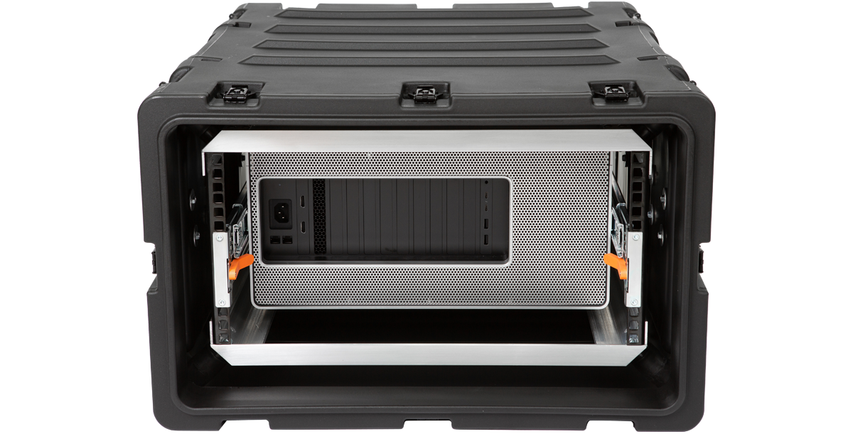 Rear view of 5U 24-inch deep shock rack case with Mac Pro installed. Features watertight and impact-resistant housing for secure transport.