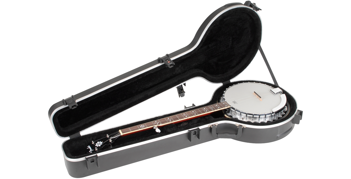 Universal Banjo Case with TSA Locks shown open with a 5-string banjo, emphasizing the plush interior and snug fit for instrument protection.