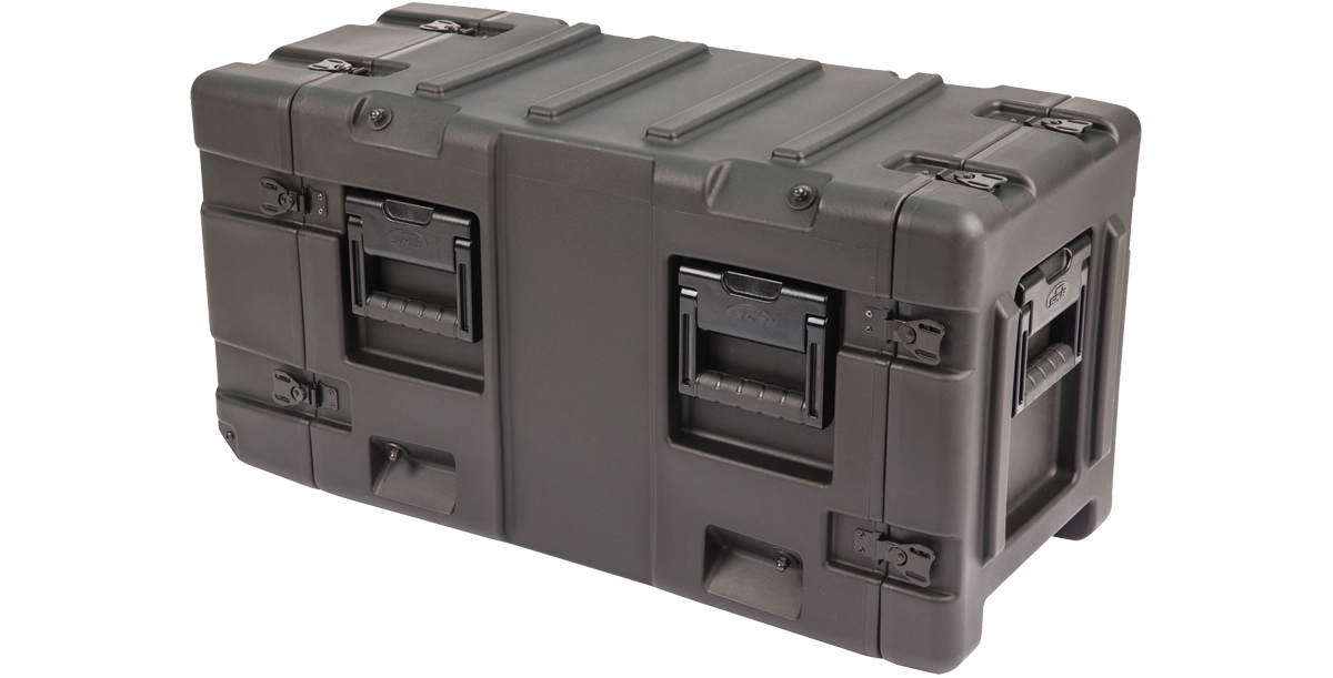 Angled view of 20-inch Shock Rack Case by SKB showing dual side handles and reinforced shell for pro-audio and tech gear.