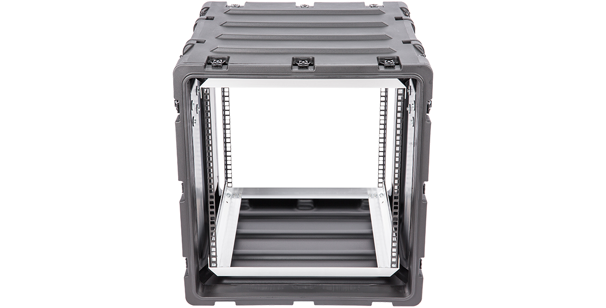 Front-facing view of 11U 20-inch Shock Rack Case highlighting its deep interior and reinforced frame for electronics safety during transport.
