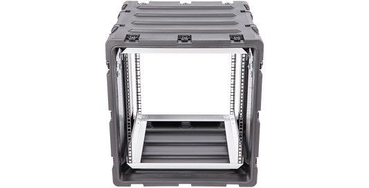 Front-facing view of 11U 20-inch Shock Rack Case highlighting its deep interior and reinforced frame for electronics safety during transport.
