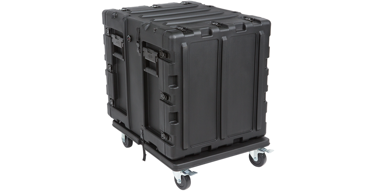 SKB 3RR/3RS case stacked on shock rack caster platform with locking wheels for easy mobility and secure stacking.