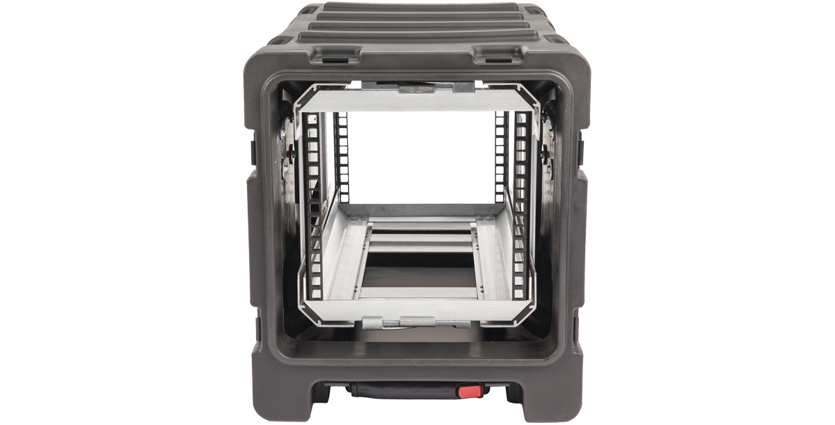20-inch Shock Rack Case by SKB showing front-facing shock-mounted rack rails and pull handle for easy mobility.