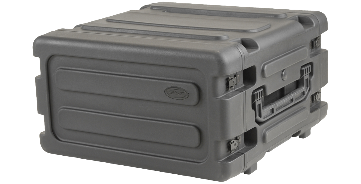 Closed 4U shock rack case showing durable exterior with reinforced corners and locking latches for safe equipment storage and mobility.