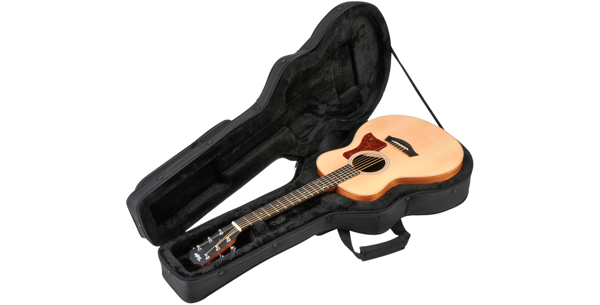 Open GS Mini protective case with acoustic guitar inside, emphasizing molded interior and secure fit for safe transport and storage.