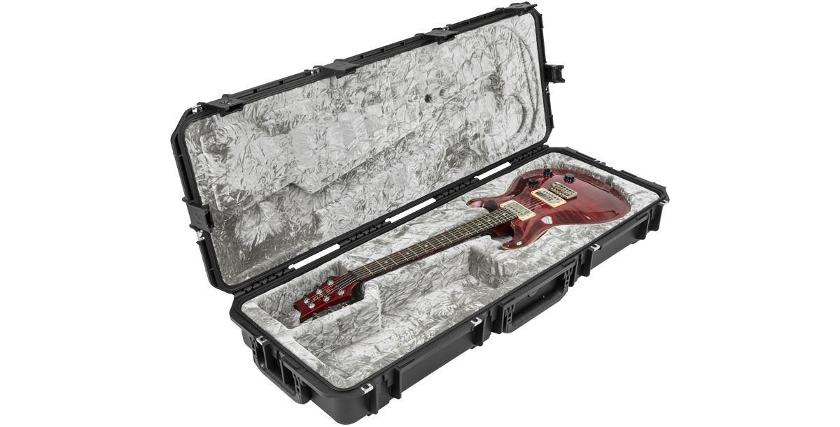 Open iSeries Waterproof PRS Guitar Case with red PRS electric guitar, highlighting plush interior and secure molded fit for protection.