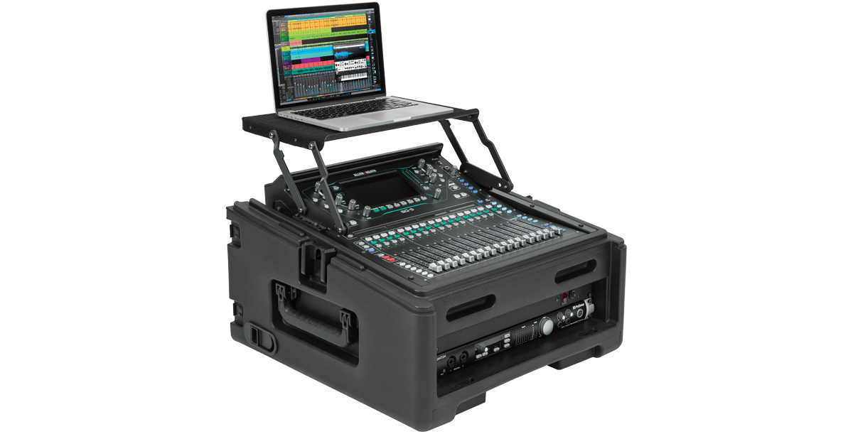 Rolling Compact Rig Case featuring 10U top and 2U rack rails, equipped with mixer and laptop running audio software.