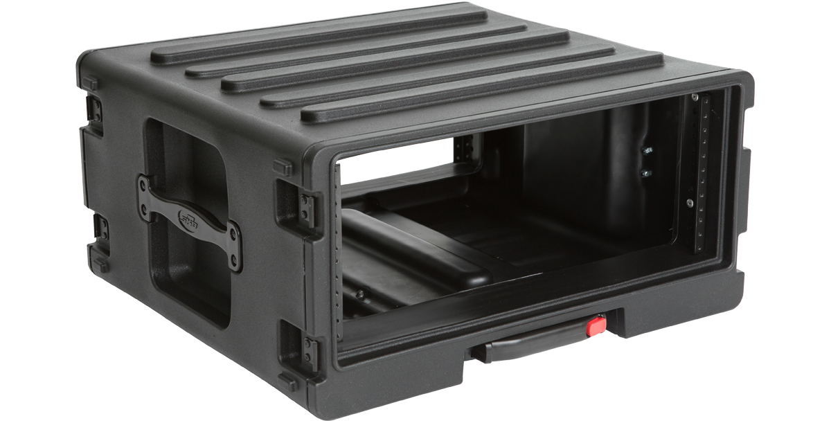 SKB 4U rSeries Roto Rolling Rack shown from side with open front, highlighting rugged exterior and internal mounting rails.