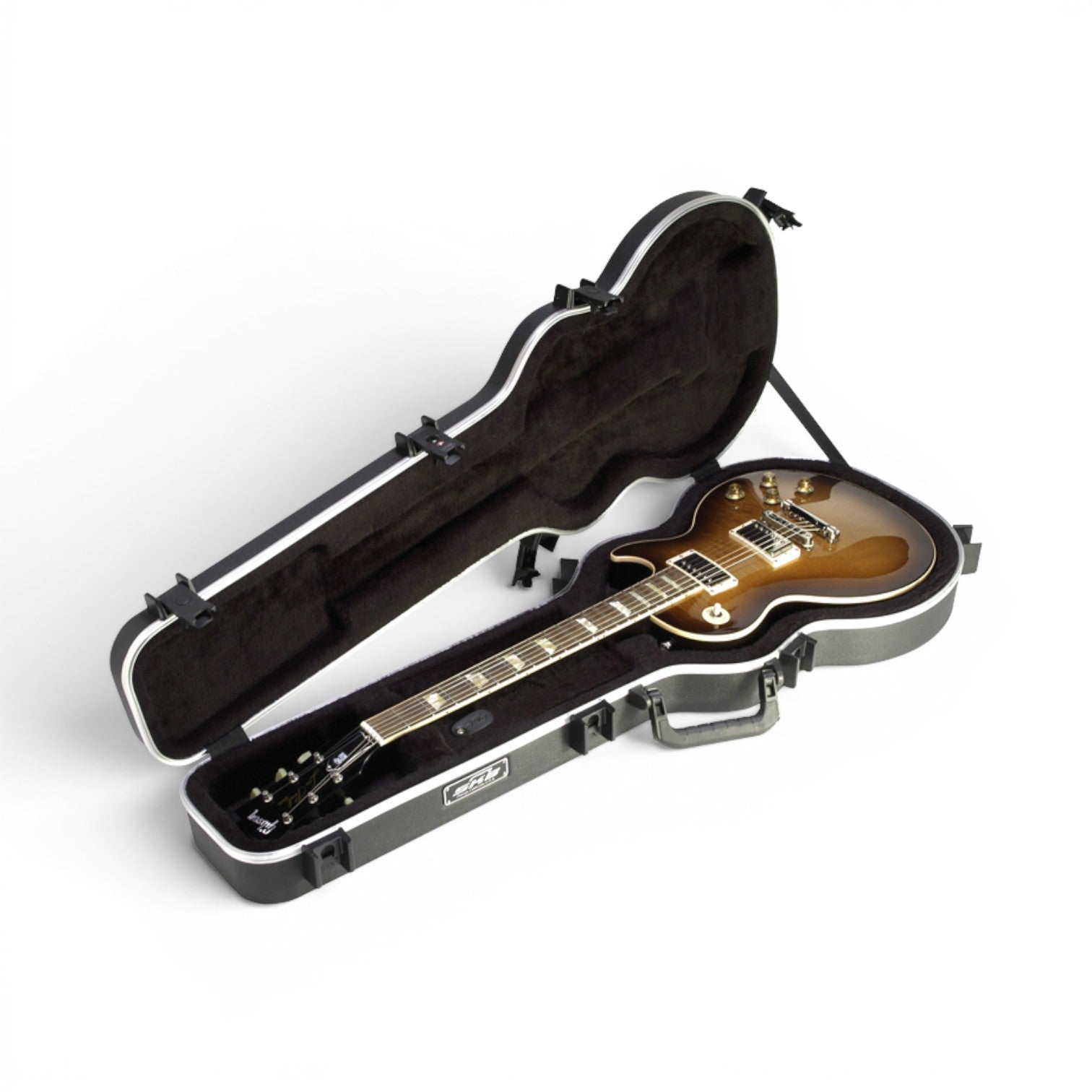 Les Paul® Guitar Case open with guitar inside, showing plush interior lining and contoured fit for secure and stylish protection.