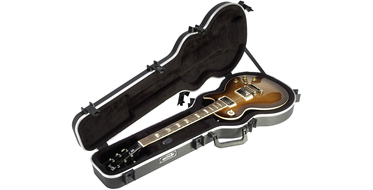 Les Paul® Guitar Case open with guitar inside, showing plush interior lining and contoured fit for secure and stylish protection.