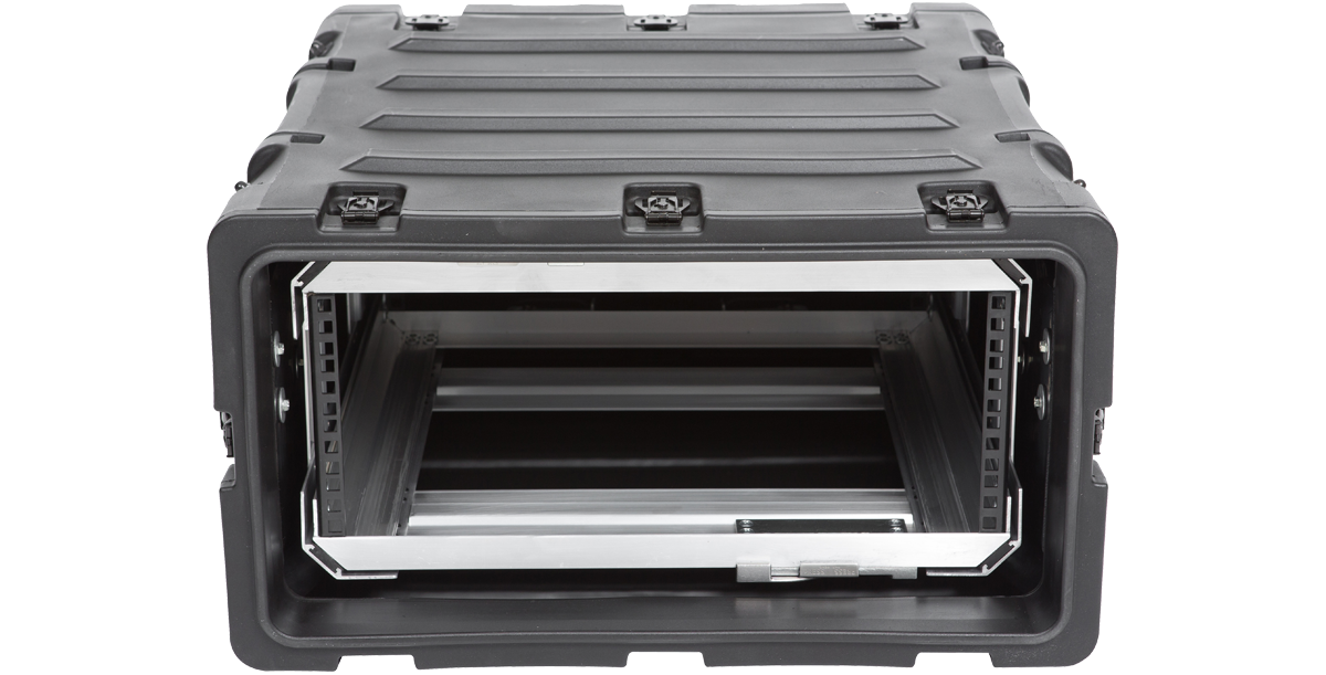 Front view of closed 4U Shock Rack Case - 20-Inch with visible internal rails and reinforced edges for secure electronics storage.