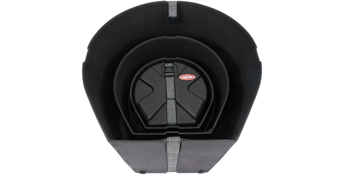SKB Drum Package - Ultimate Drum Case Set fully nested with smallest case inside, demonstrating compact storage and full set inclusion.