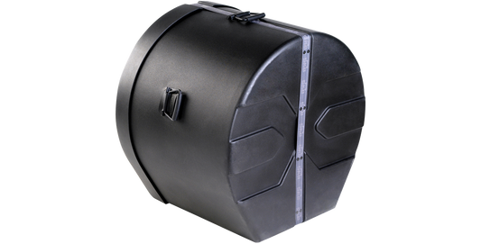 Side view of roto-molded 18 x 24 bass drum case featuring molded feet and ergonomic handles for easy carrying and stability.