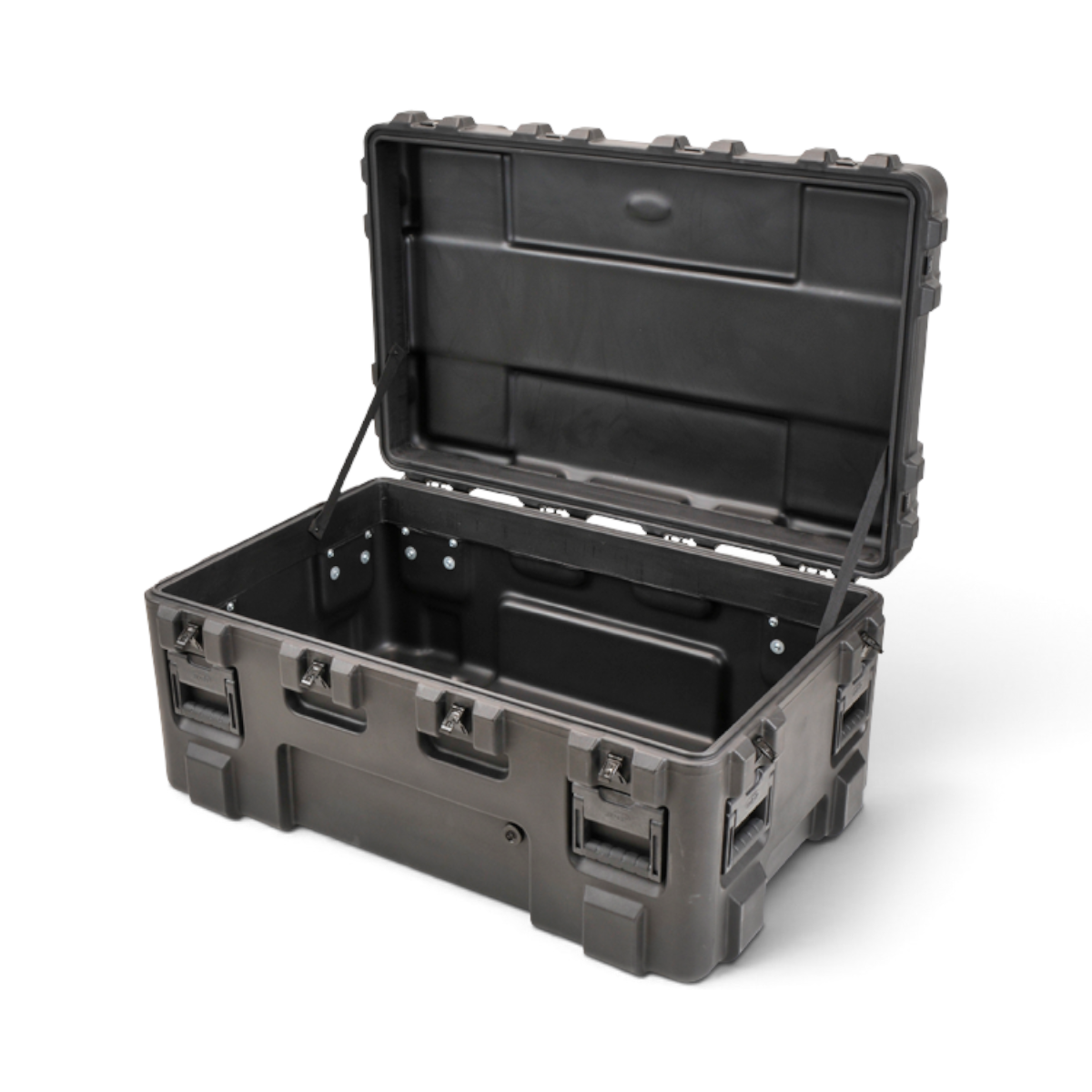 SKB Cases rSeries 4024-24 black roto-molded military-standard shipping case with open lid and stainless steel latches.
