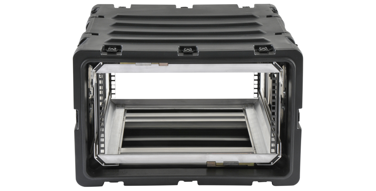 Front view of 24-inch Deep Shock Rack Case highlighting internal rack rails and rugged LMDP plastic construction for secure equipment transport.