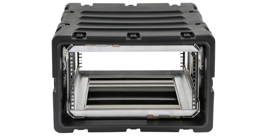 Front view of 24-inch Deep Shock Rack Case highlighting internal rack rails and rugged LMDP plastic construction for secure equipment transport.