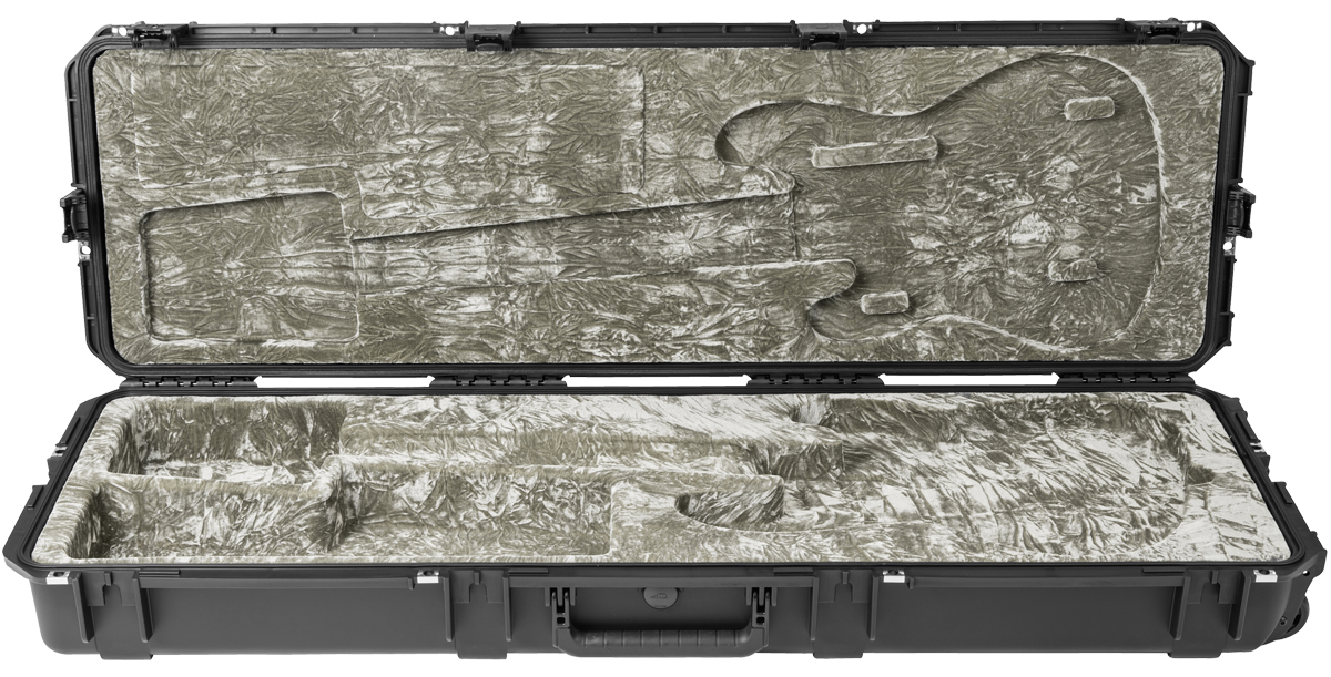 Interior view of Waterproof Bass Guitar Case showing molded compartments and soft lining for impact protection and snug instrument fit.
