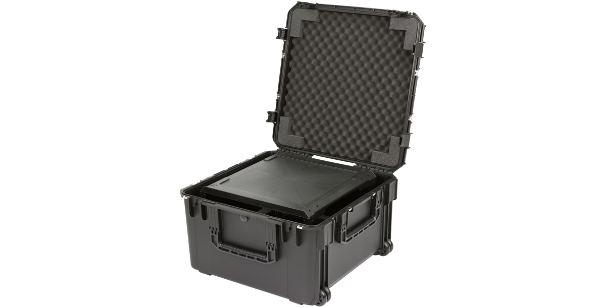 Lightweight 6U SKB Fly Rack Injection Molded flyRack with open foam-padded lid, designed for safe and easy transport of rack-mounted devices.
