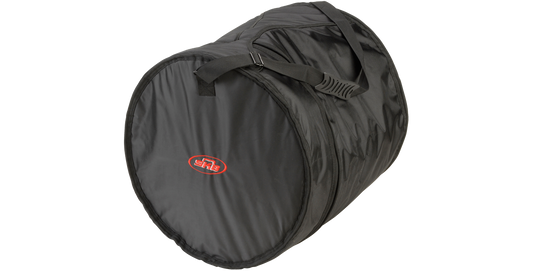 16x16 drum gig bag laid horizontally with ergonomic handle, showcasing reinforced stitching and red logo for secure tom drum transport.