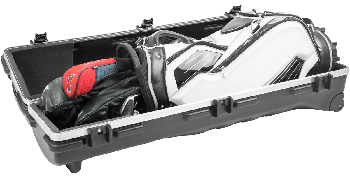 ATA Staff Pro XL Golf Travel Case open with white golf bag and red headcover, showing roomy interior for full-size golf clubs.