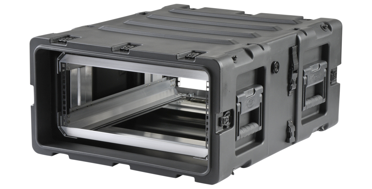 24-inch Deep Shock Rack Case - Lightweight Transport angled view displaying rugged exterior and shockproof interior rack system for pro audio equipment.