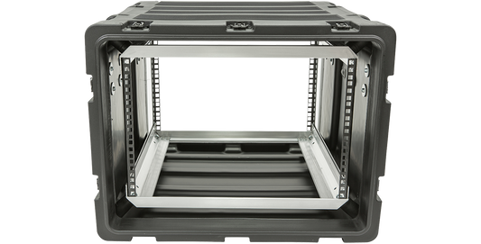 Front view of 20-inch Shock Rack Case - SKB Shock Rack showing internal aluminum frame for mounting sensitive electronic equipment.
