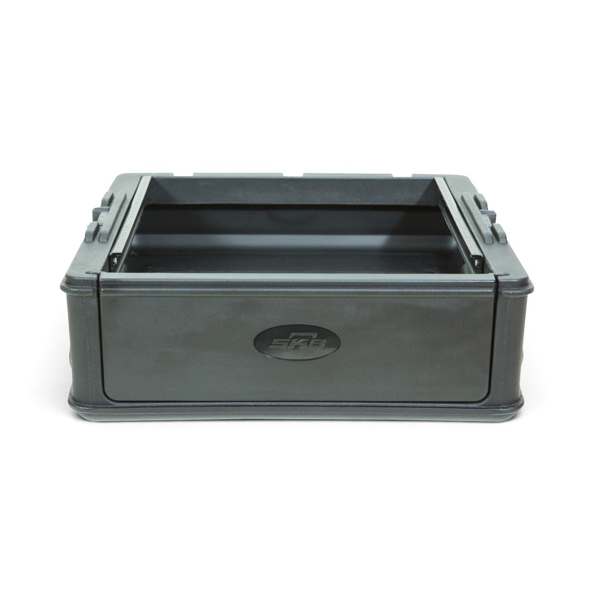 Front view of empty 10U Mixer Rack Case with SKB logo, showcasing durable roto-molded body and reinforced corners.
