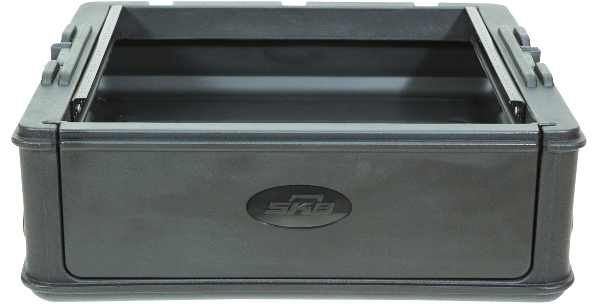 Front view of empty 10U Mixer Rack Case with SKB logo, showcasing durable roto-molded body and reinforced corners.