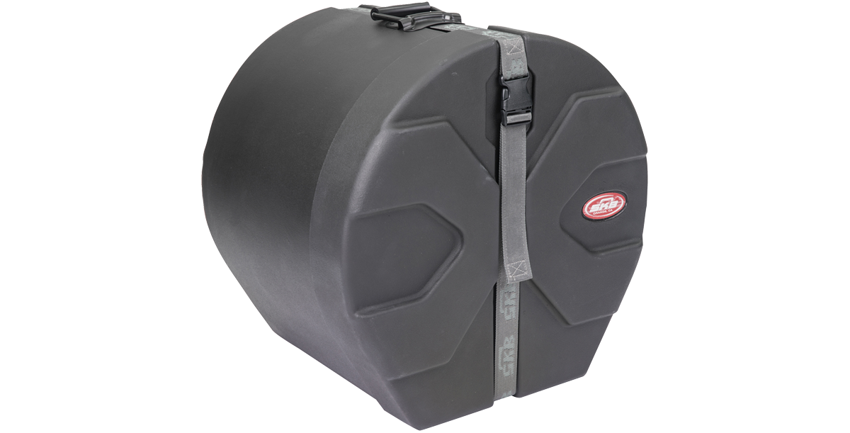SKB Drum Package bass drum case with molded exterior and heavy-duty strap for secure and stackable drum transport.