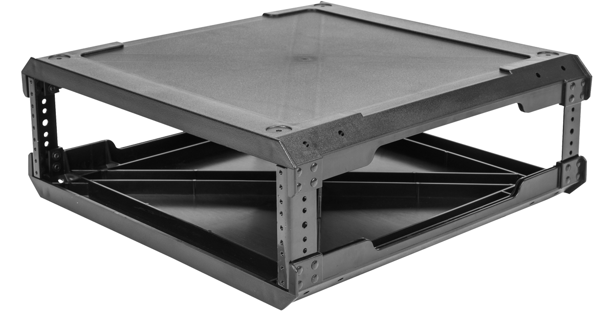 Angled view of lightweight 3U flyRack frame with durable injection molded design and steel rack rails for secure audio gear mounting.