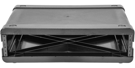 Front view of 2U injection molded rack frame for modular setups, featuring lightweight design and steel rack rails for secure mounting.