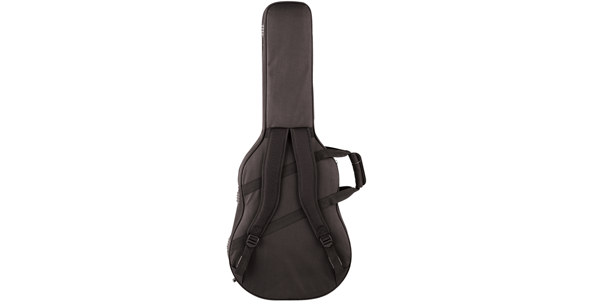 Back view of Acoustic Guitar Soft Case featuring adjustable backpack straps and reinforced handle for easy portability and travel convenience.