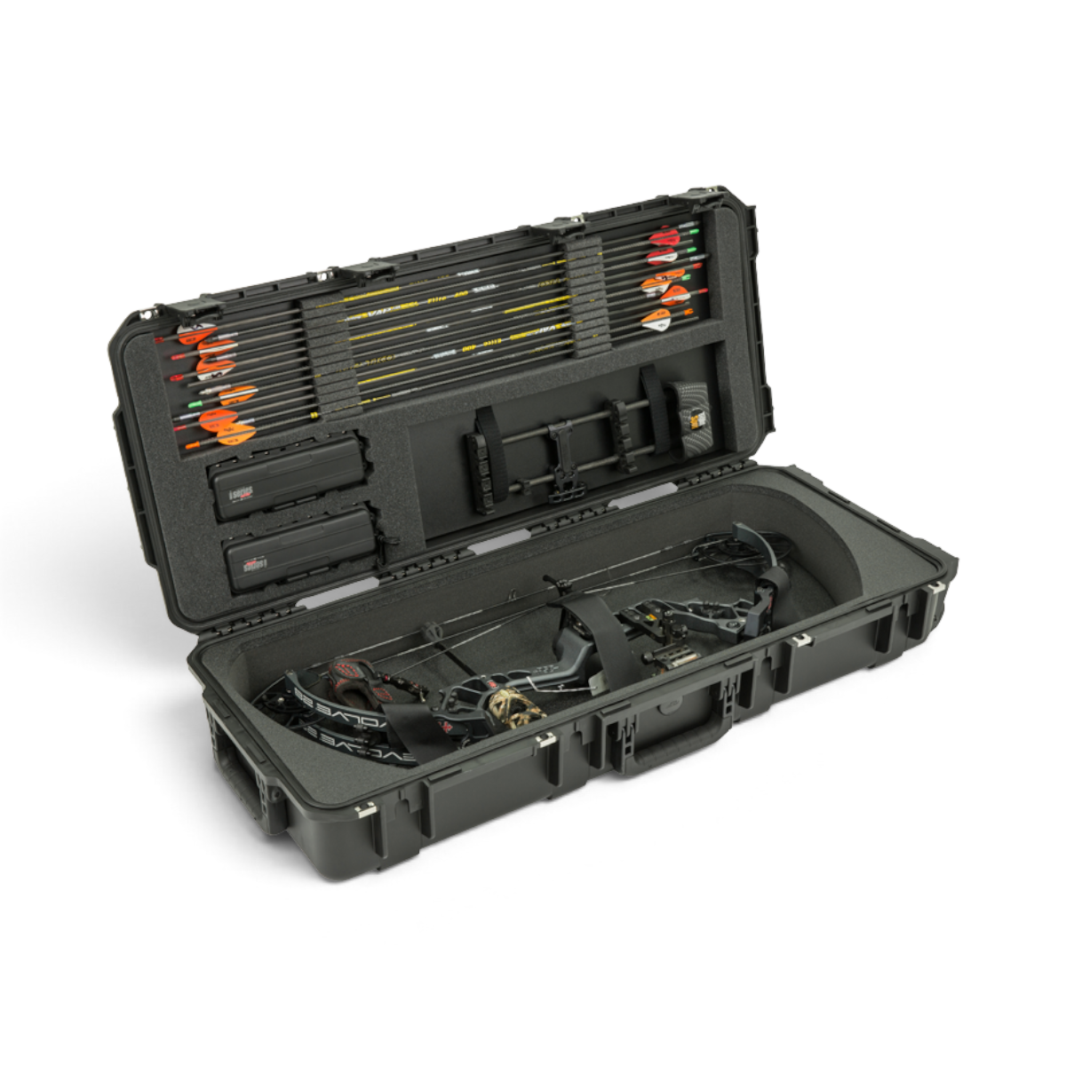 SKB Cases iSeries black waterproof parallel limb bow case with foam interior, arrows, and bow storage compartments.