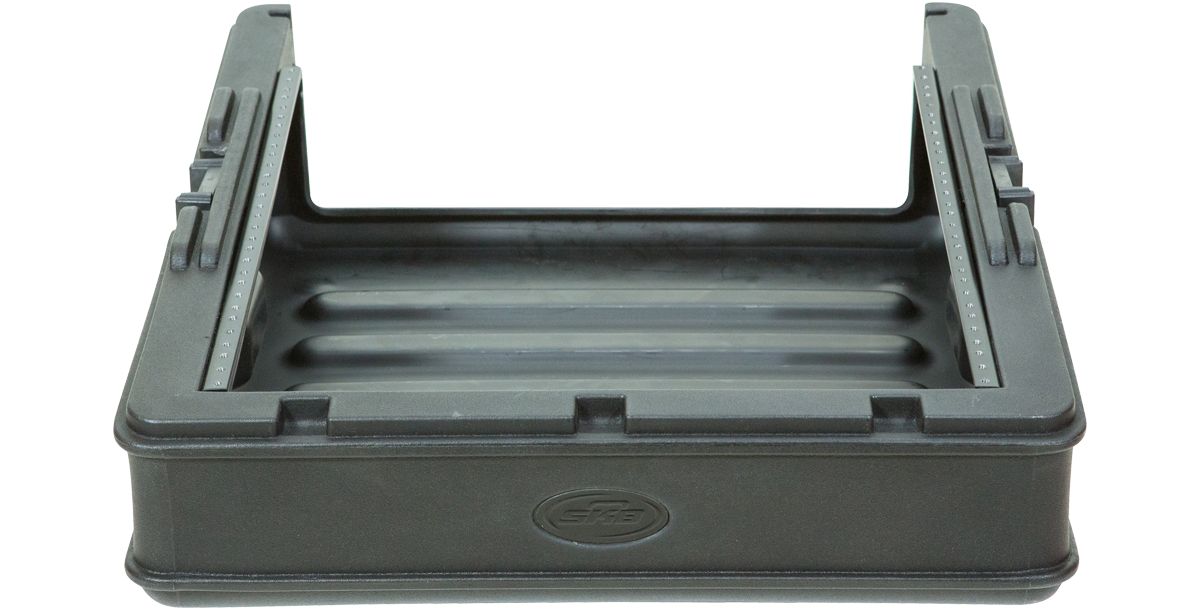 Top view of open 10U Mixer Rack Case showing steel threaded rails and deep interior for mounting audio mixers securely.