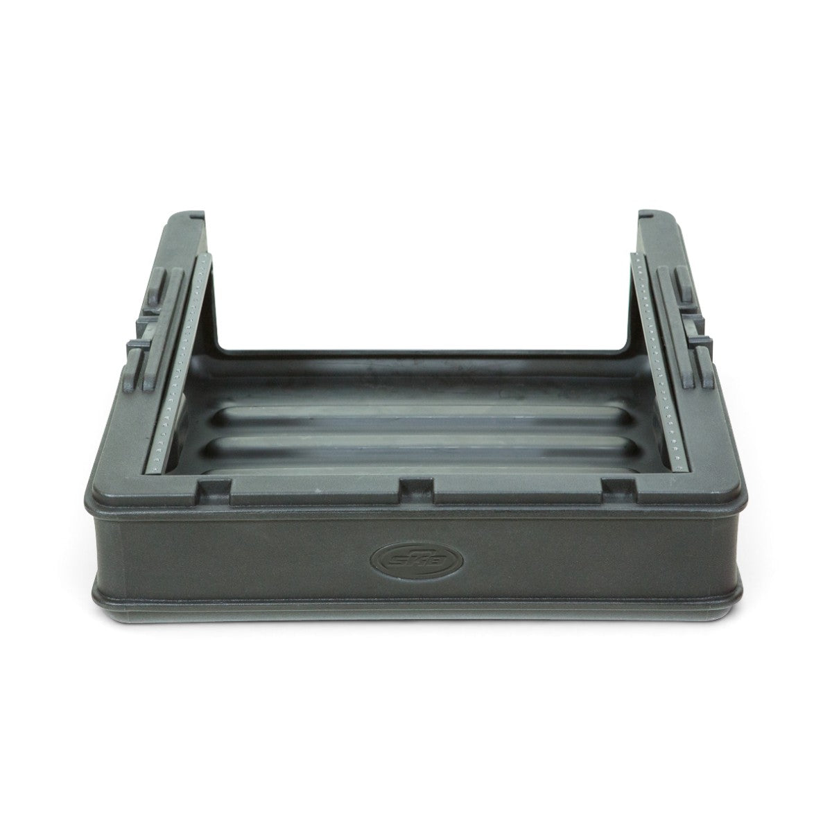 Top view of open 10U Mixer Rack Case showing steel threaded rails and deep interior for mounting audio mixers securely.