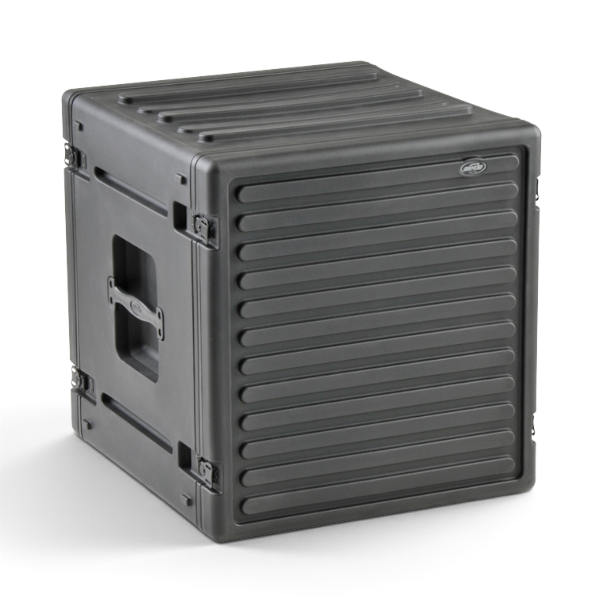12U Roto Rack Case with interlocking lid and molded side handles, offering durable and stackable storage for audio accessories.