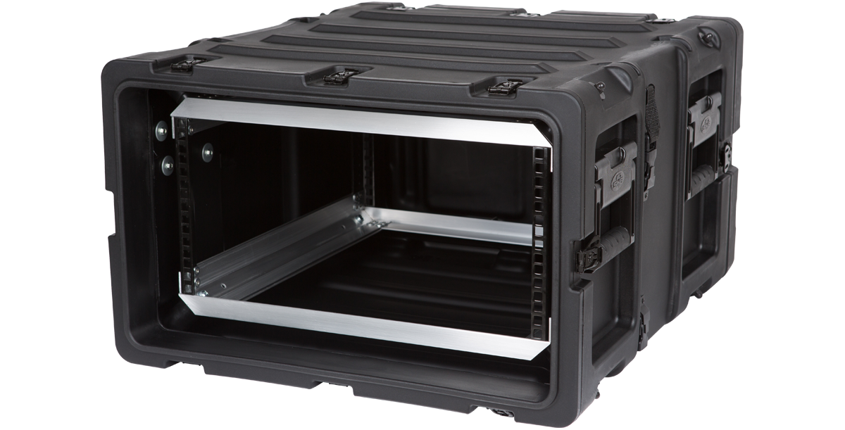 Side-angled view of 5U 20-inch SKB Shock Rack with open front, showing shock-absorbing frame and molded carry handles.