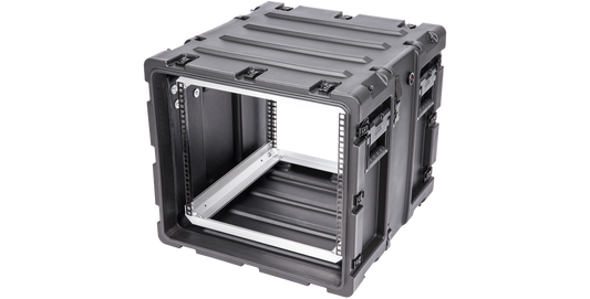 Angled front-left view of 9U Shockproof Rack Case showing rugged shell and internal mounting rails for electronics transport.