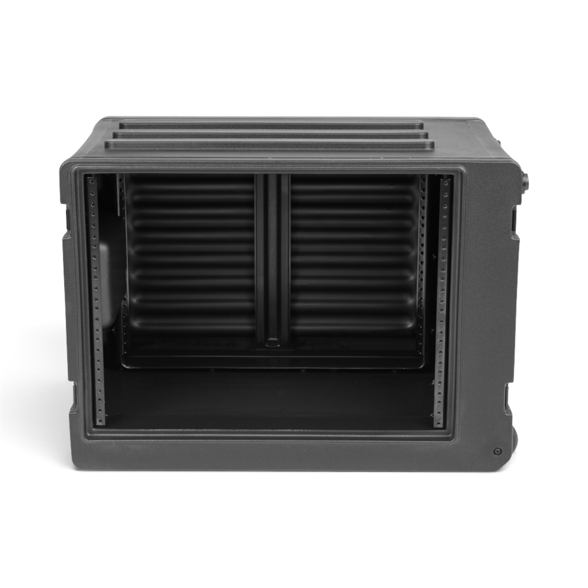 SKB Cases 8U rSeries shallow rolling rack in black roto-molded polyethylene with front and rear steel threaded rails.