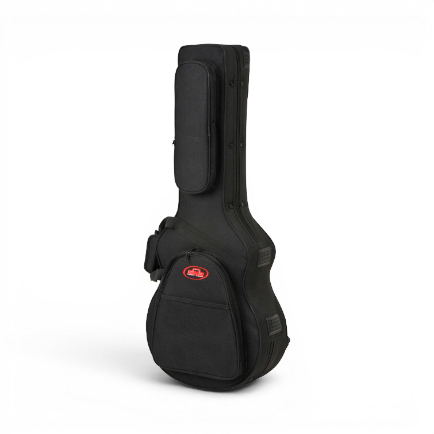 Side view of GS Mini protective case featuring ergonomic handle, padded straps, and accessory storage for acoustic guitar travel.