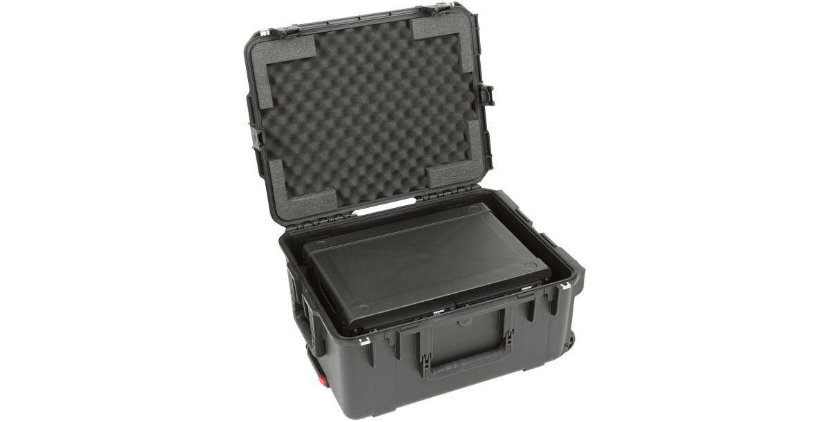 Top-down view of open 2U Wireless Mic Fly Rack case with foam protection for wireless mic gear and accessories.