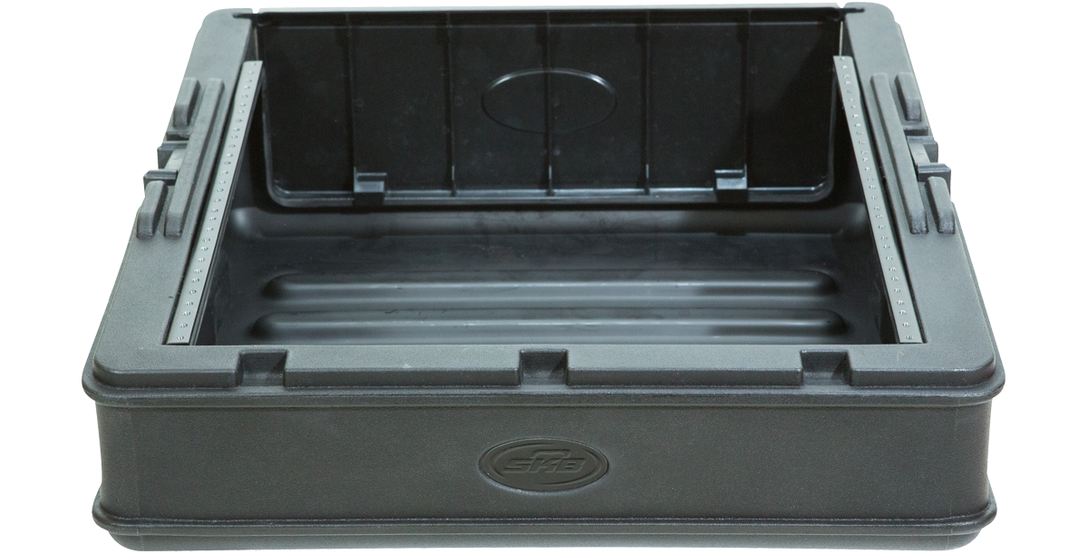 Rear view of open 10U Mixer Rack Case with deep interior and steel rails, ideal for securely housing pro audio mixers.