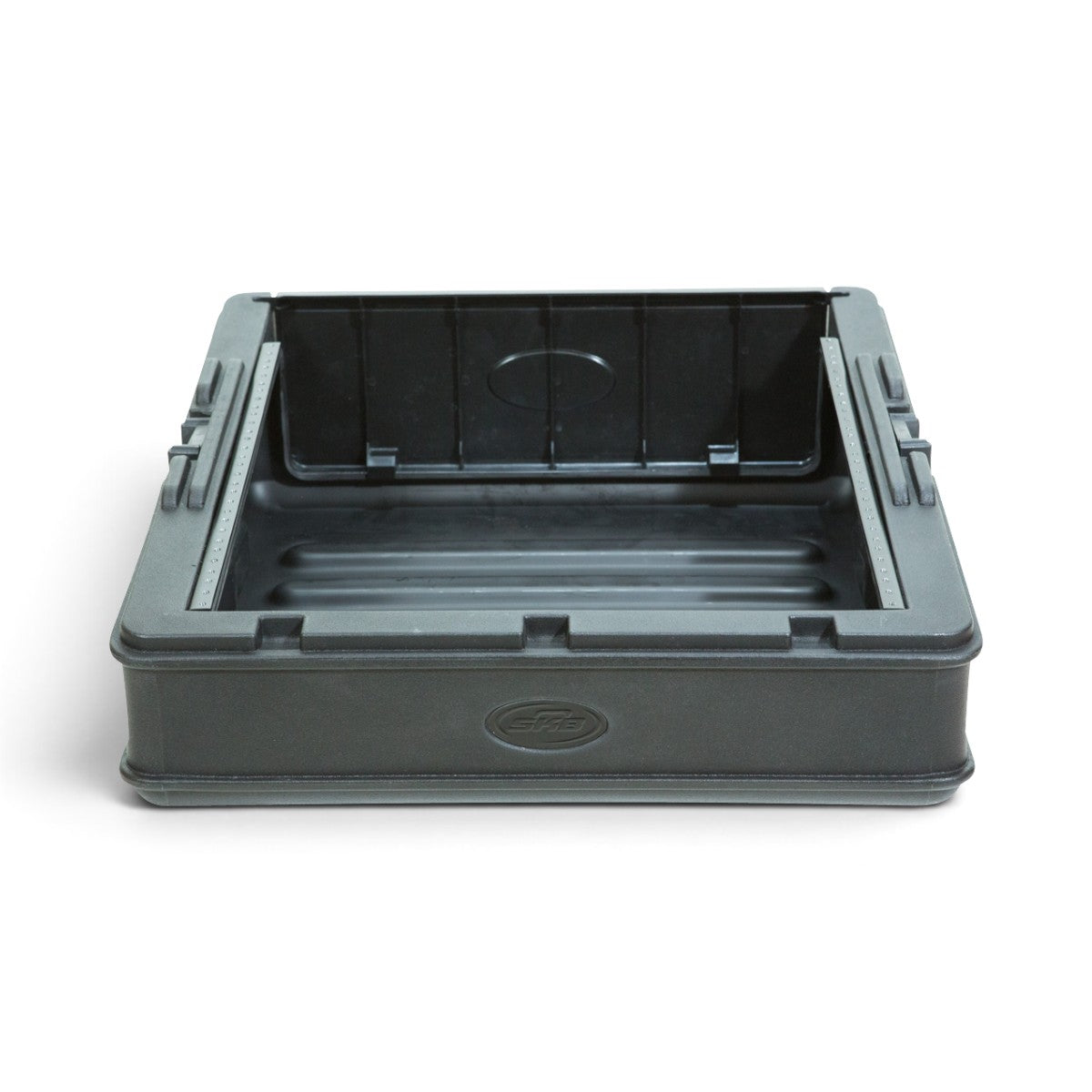 Rear view of open 10U Mixer Rack Case with deep interior and steel rails, ideal for securely housing pro audio mixers.