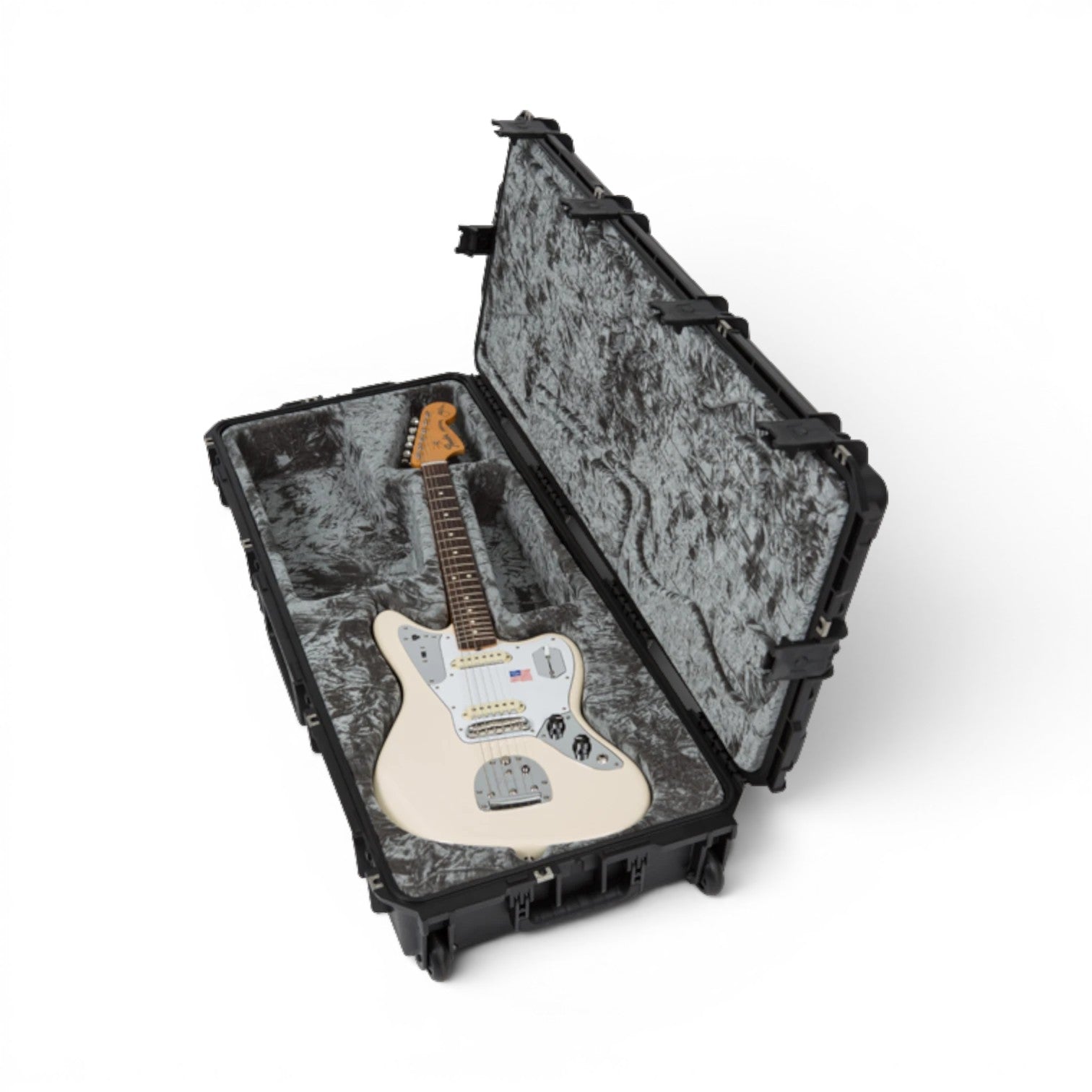 White Jaguar guitar in open waterproof case with TSA locks, featuring high-density foam and reinforced latches for travel security.