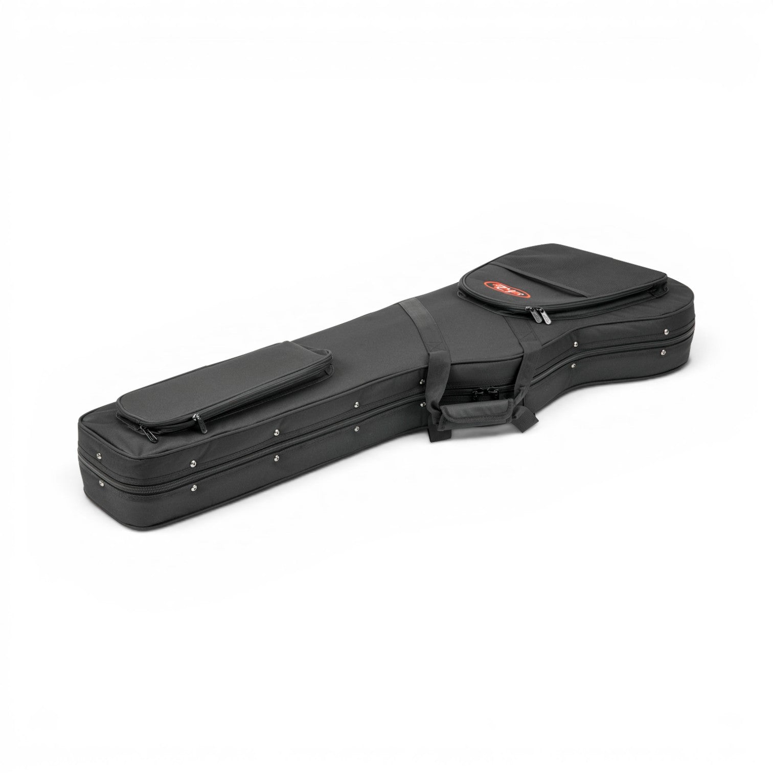 Closed Universal Electric Bass Soft Case with durable black exterior, dual accessory compartments, and reinforced edges for travel safety.