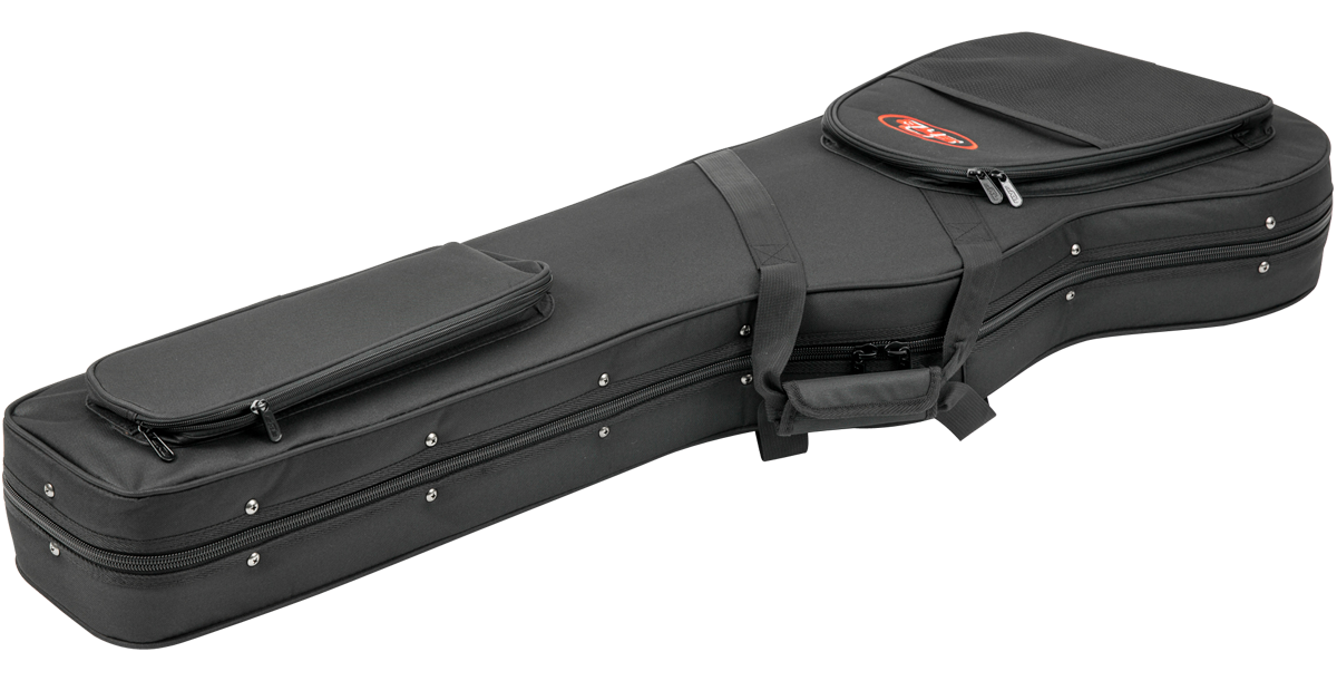Closed Universal Electric Bass Soft Case with durable black exterior, dual accessory compartments, and reinforced edges for travel safety.