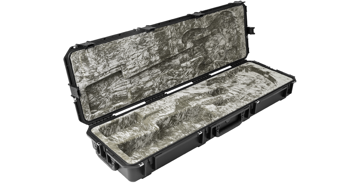 Angled open view of Waterproof Bass Guitar Case highlighting custom-molded interior and reinforced edges for secure bass guitar storage.