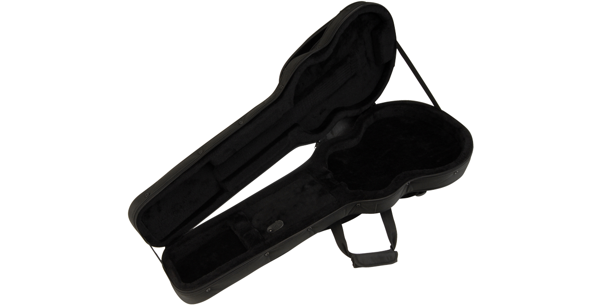 Open Les Paul Guitar Soft Case showing molded interior with rigid foam inserts designed for secure and cushioned guitar placement.