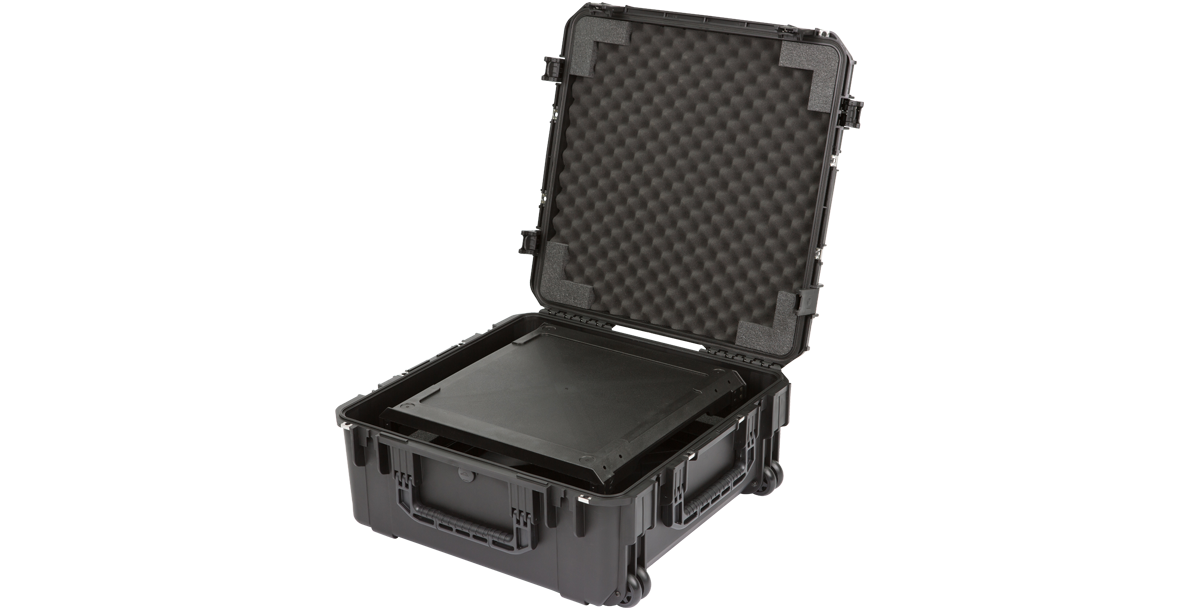 3U iSeries Fly Rack inside open protective case, featuring custom foam padding for shock resistance and secure fit.