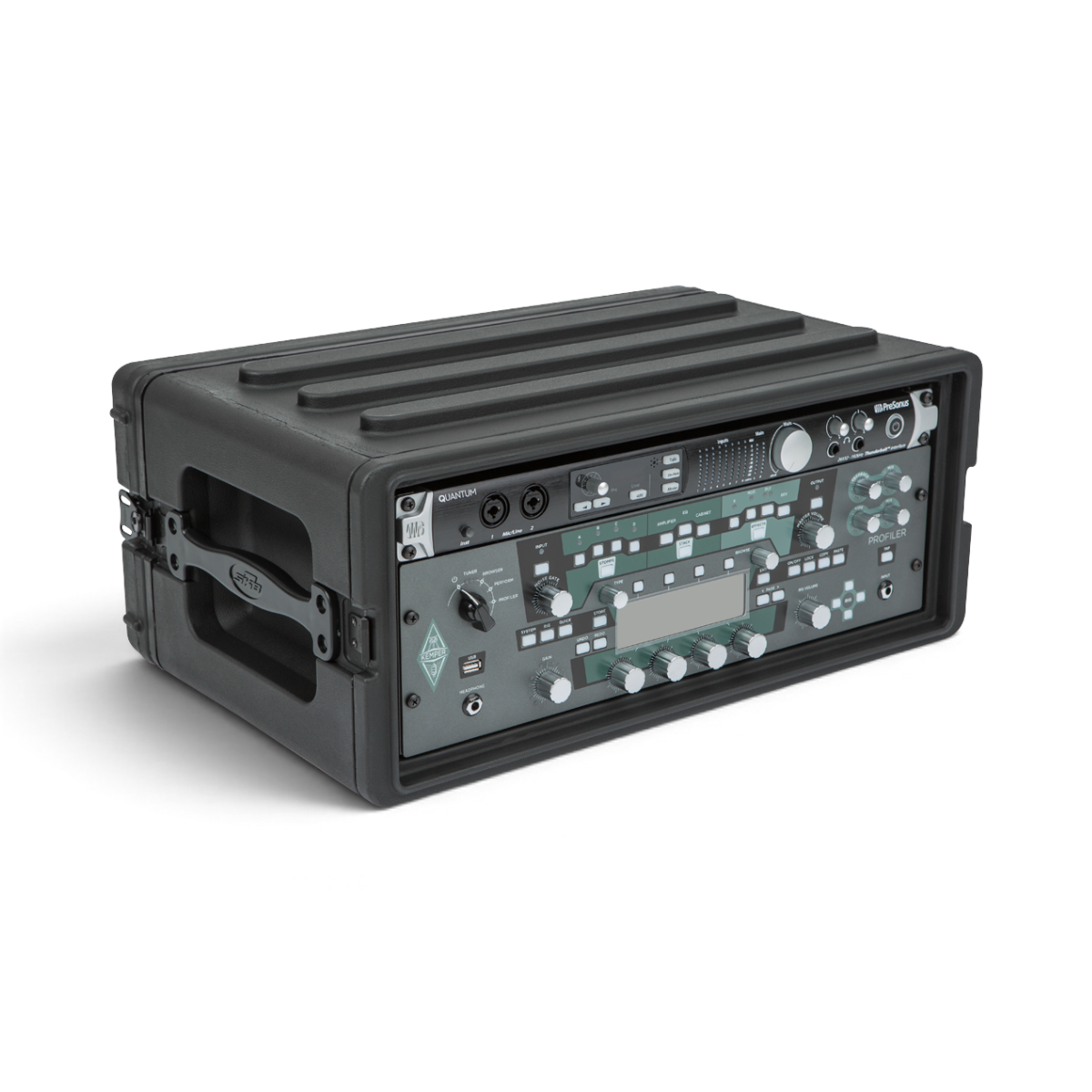 Side view of 4U Shallow Rack Case - Durable Equipment Storage with Kemper Profiler and PreSonus Quantum installed for secure transport.